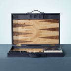 Geneva 19" Backgammon Set - Marine Blue Leather open to show interior design and game pieces.