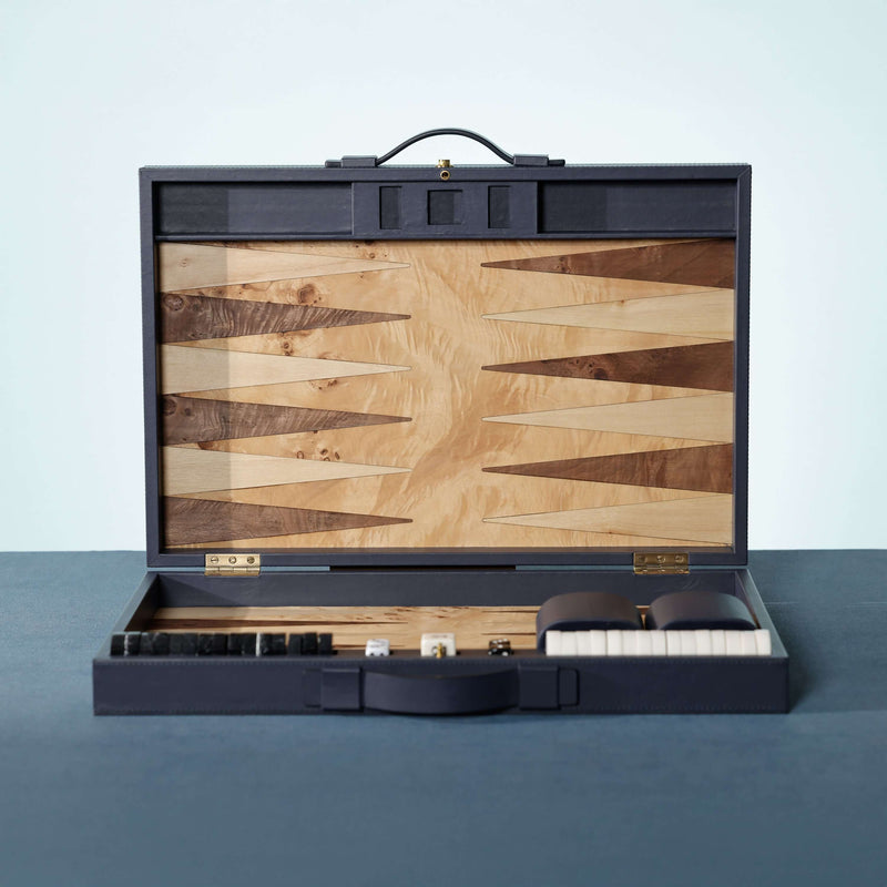 Geneva 19" Backgammon Set - Marine Blue Leather open to show interior design and game pieces.