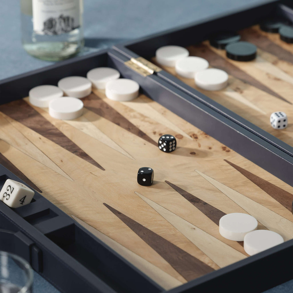 Geneva 19" Backgammon Set - Marine Blue Leather with dice and checkers on a stylish board.
