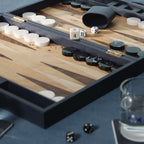Geneva 19" Backgammon Set - Marine Blue Leather displayed with game pieces and dice.