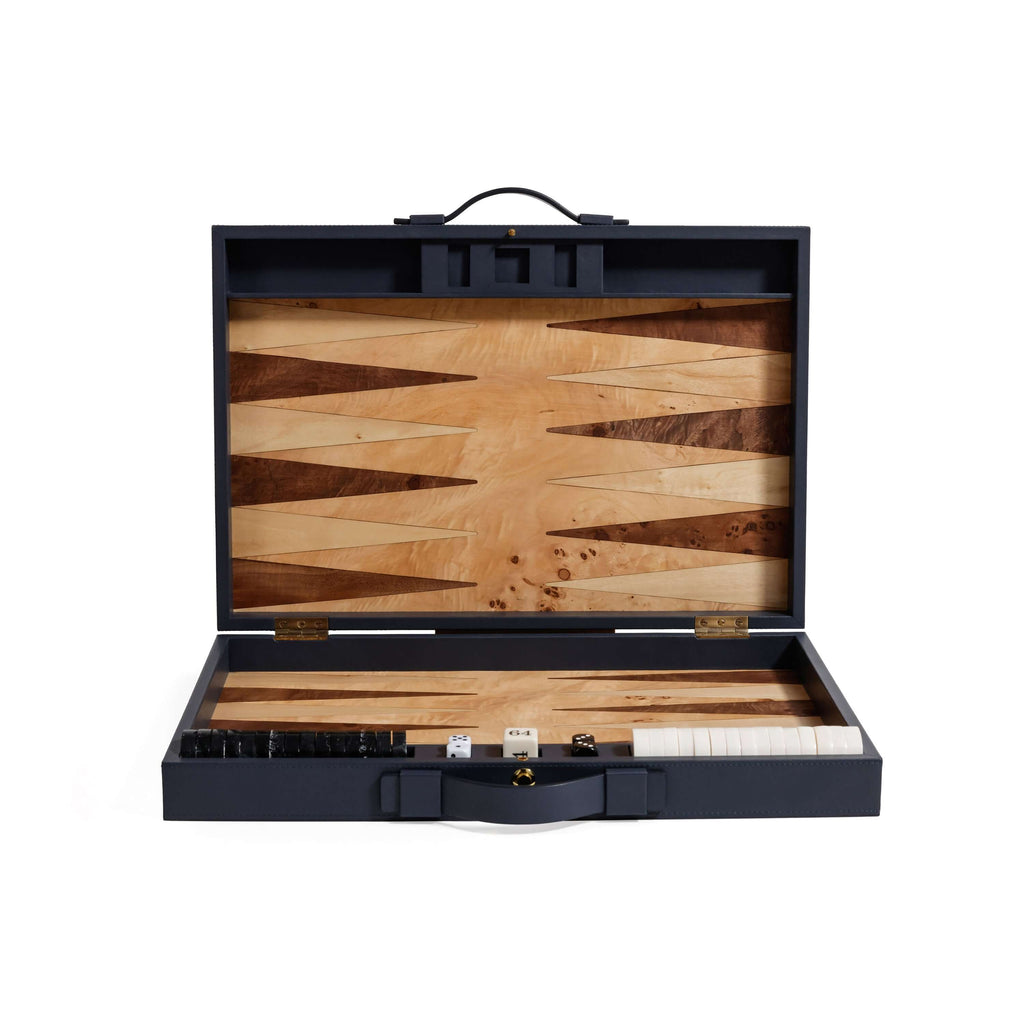 Geneva 19" Backgammon Set - Marine Blue Leather open, displaying unique wood interior and game pieces.