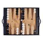 Geneva 19" Backgammon Set - Marine Blue Leather with pieces arranged on the board, showcasing the unique design.