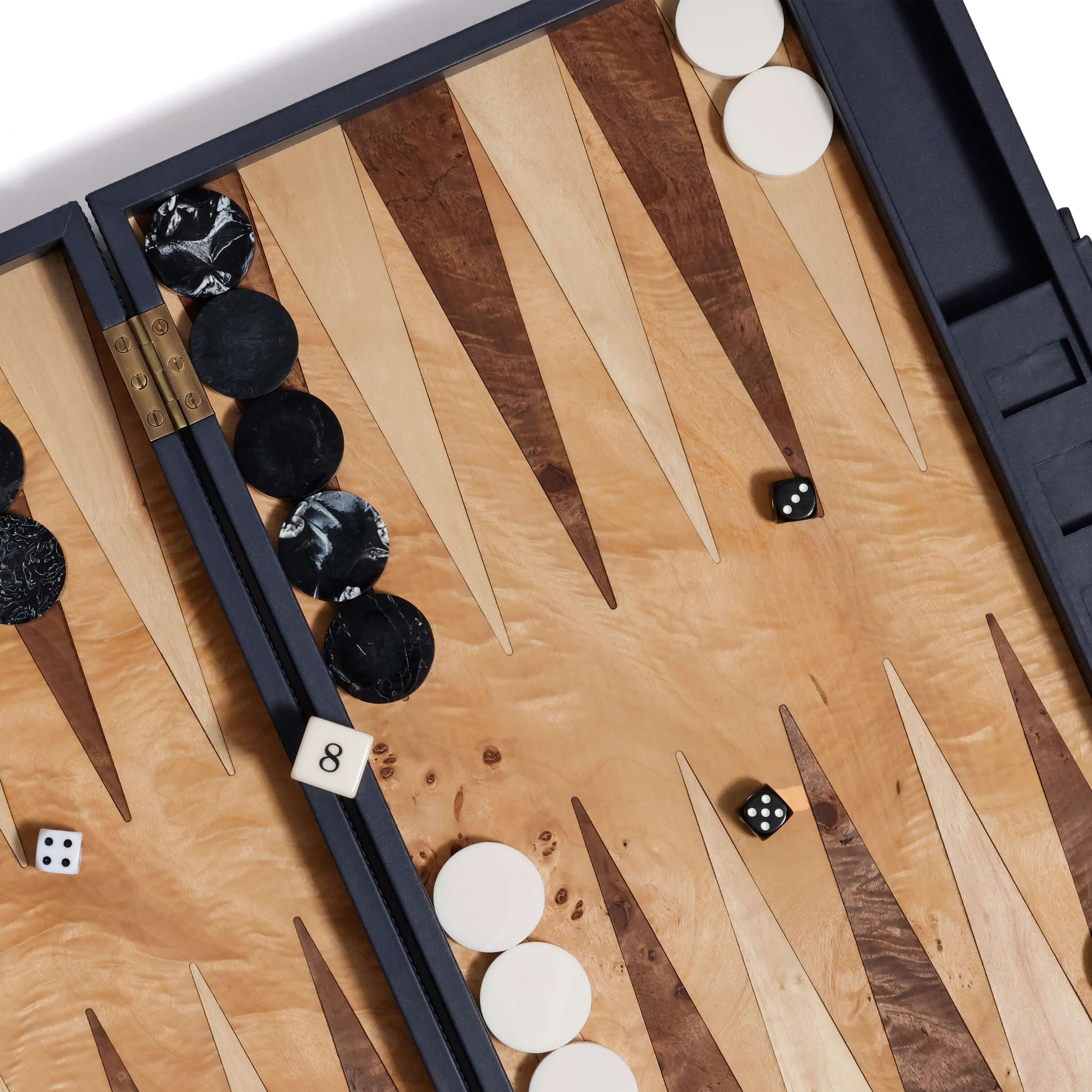 Geneva 19" Backgammon Set - Marine Blue Leather close-up view of playing surface with game pieces and dice.