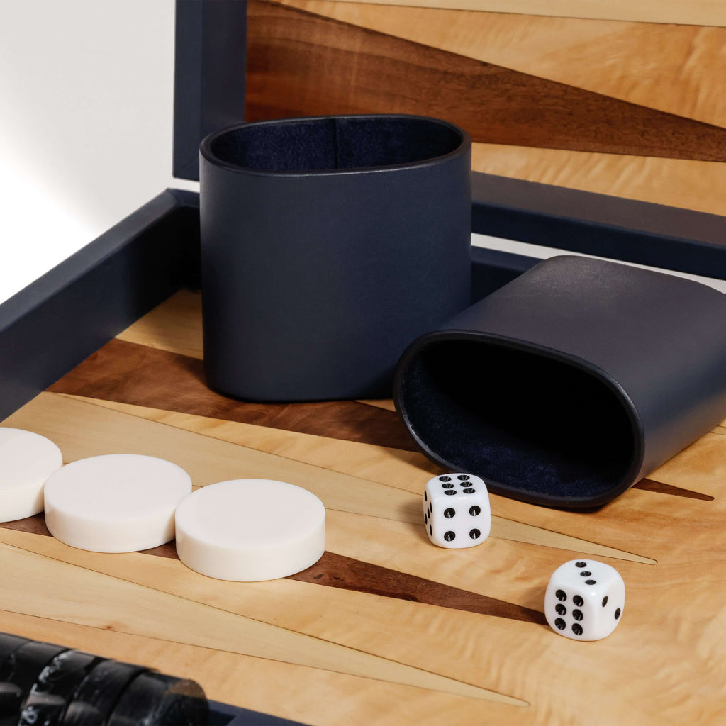 Geneva 19" Backgammon Set - Marine Blue Leather with game pieces and dice on a wooden board.