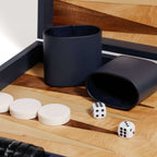 Geneva 19" Backgammon Set - Marine Blue Leather with game pieces and dice on a wooden board.