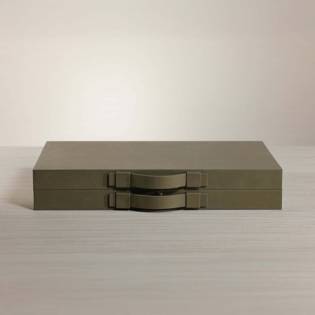 Geneva 19" Backgammon Set - Dusty Green Leather elegant attaché style case with smooth sage leather exterior.