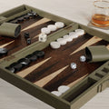 Geneva 19" Backgammon Set - Dusty Green Leather with game pieces and dice displayed on the board.