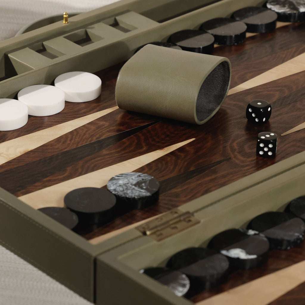 Geneva 19" Backgammon Set - Dusty Green Leather featuring smooth sage leather, game pieces, and dice.