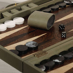 Geneva 19" Backgammon Set - Dusty Green Leather featuring smooth sage leather, game pieces, and dice.