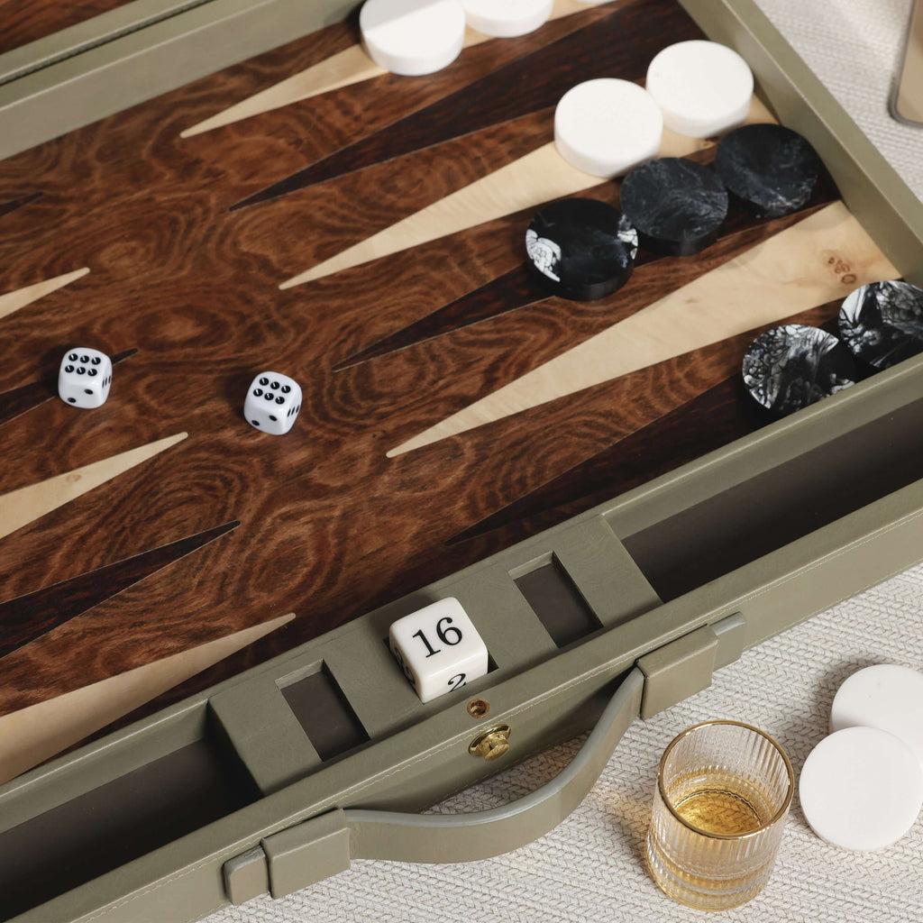 Geneva 19" Backgammon Set - Dusty Green Leather with dice and game pieces on a wooden surface.