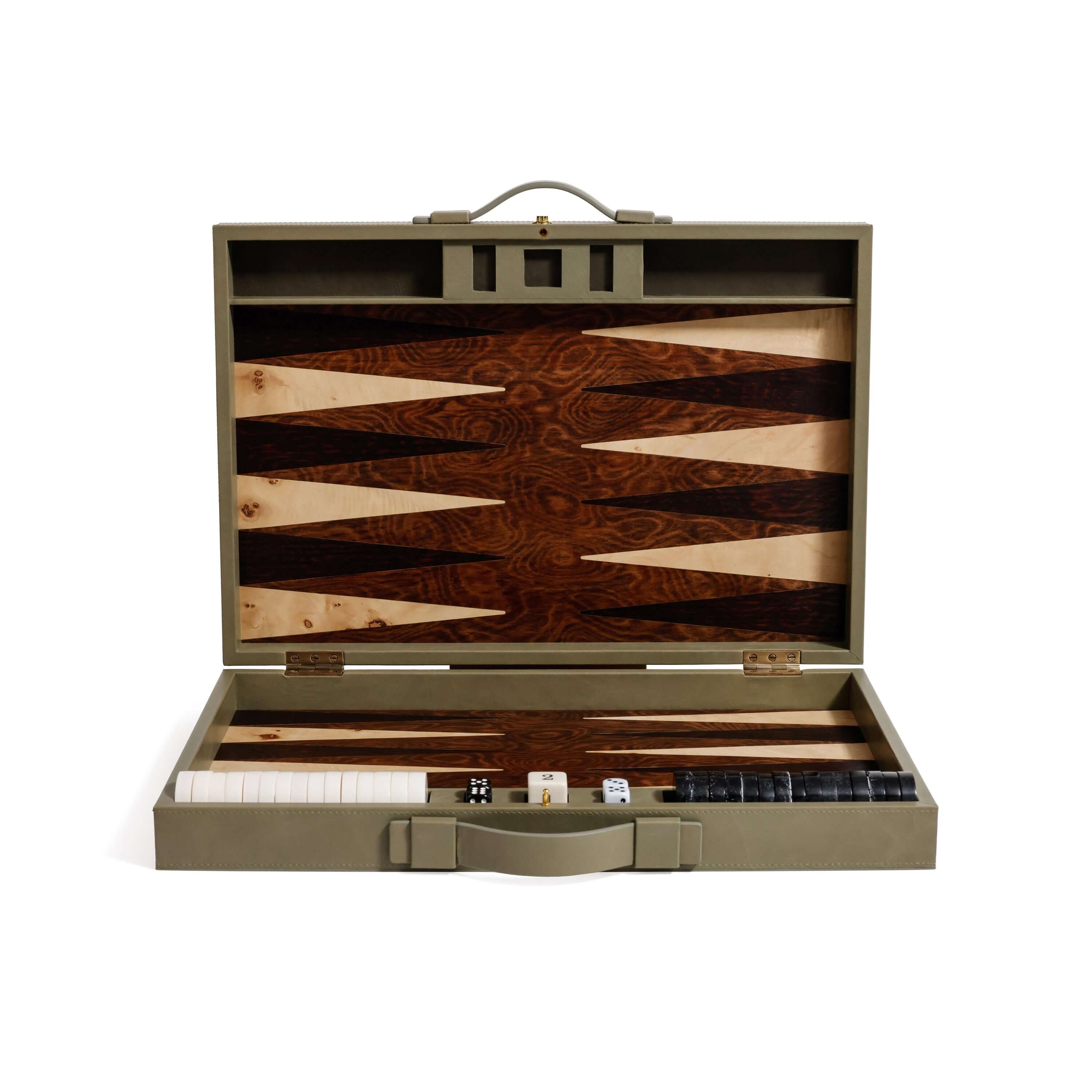 Geneva 19" Backgammon Set - Dusty Green Leather with open case showing intricate design and game components.