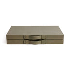 Geneva 19" Backgammon Set - Dusty Green Leather, showcasing the sleek sage leather exterior with dual handles.