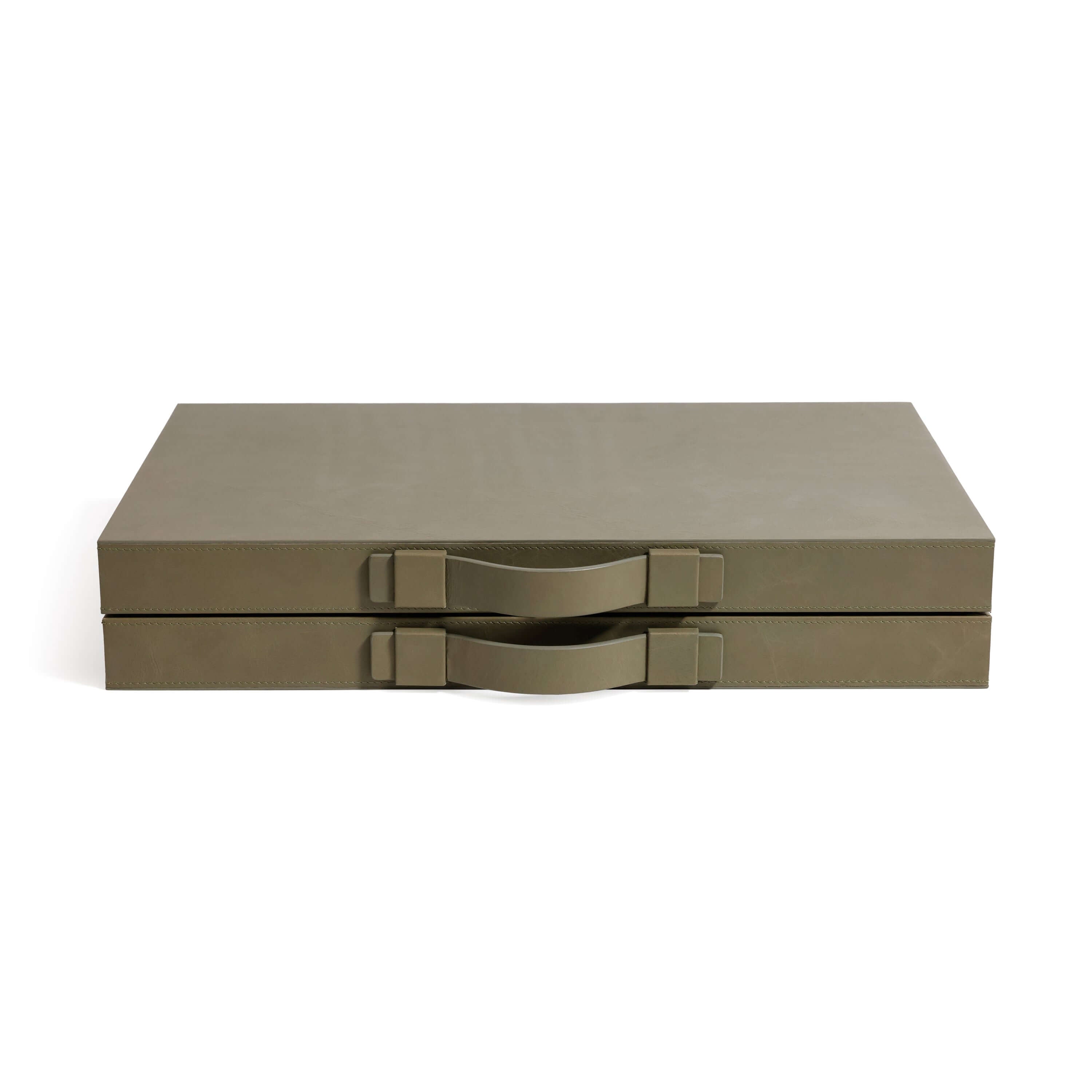 Geneva 19" Backgammon Set - Dusty Green Leather, showcasing the sleek sage leather exterior with dual handles.