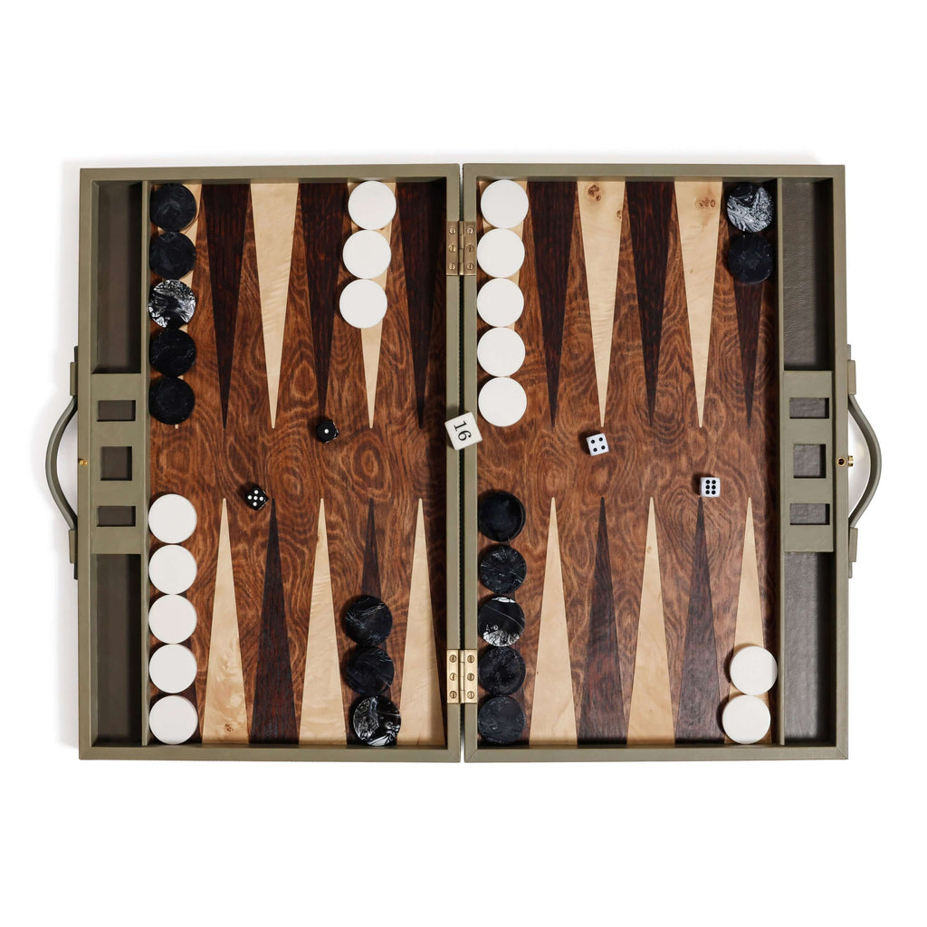 Geneva 19" Backgammon Set - Dusty Green Leather open view with game pieces and dice on a stylish board.
