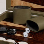 Geneva 19" Backgammon Set - Dusty Green Leather interior with dice and game pieces on the playing surface.