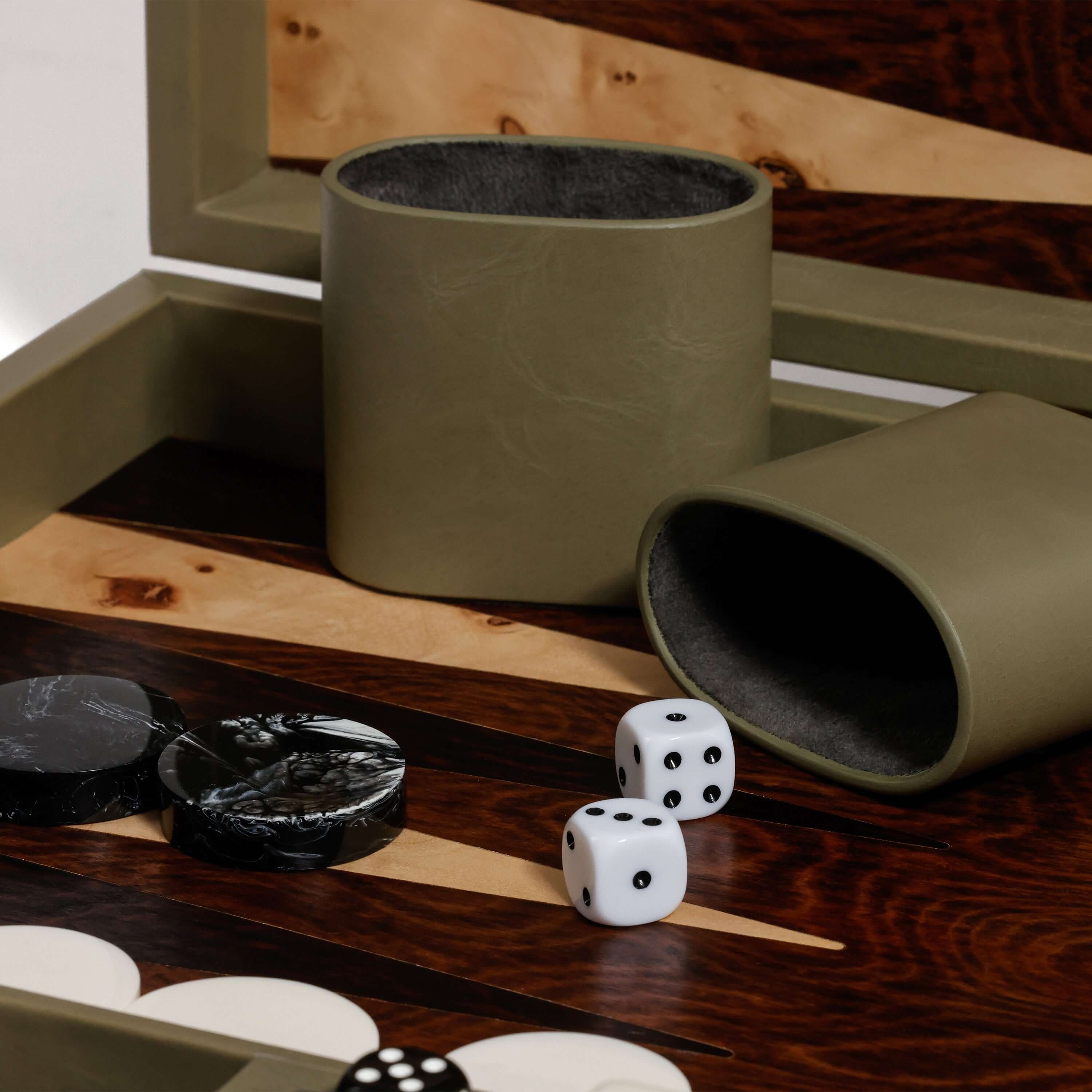 Geneva 19" Backgammon Set - Dusty Green Leather interior with dice and game pieces on the playing surface.