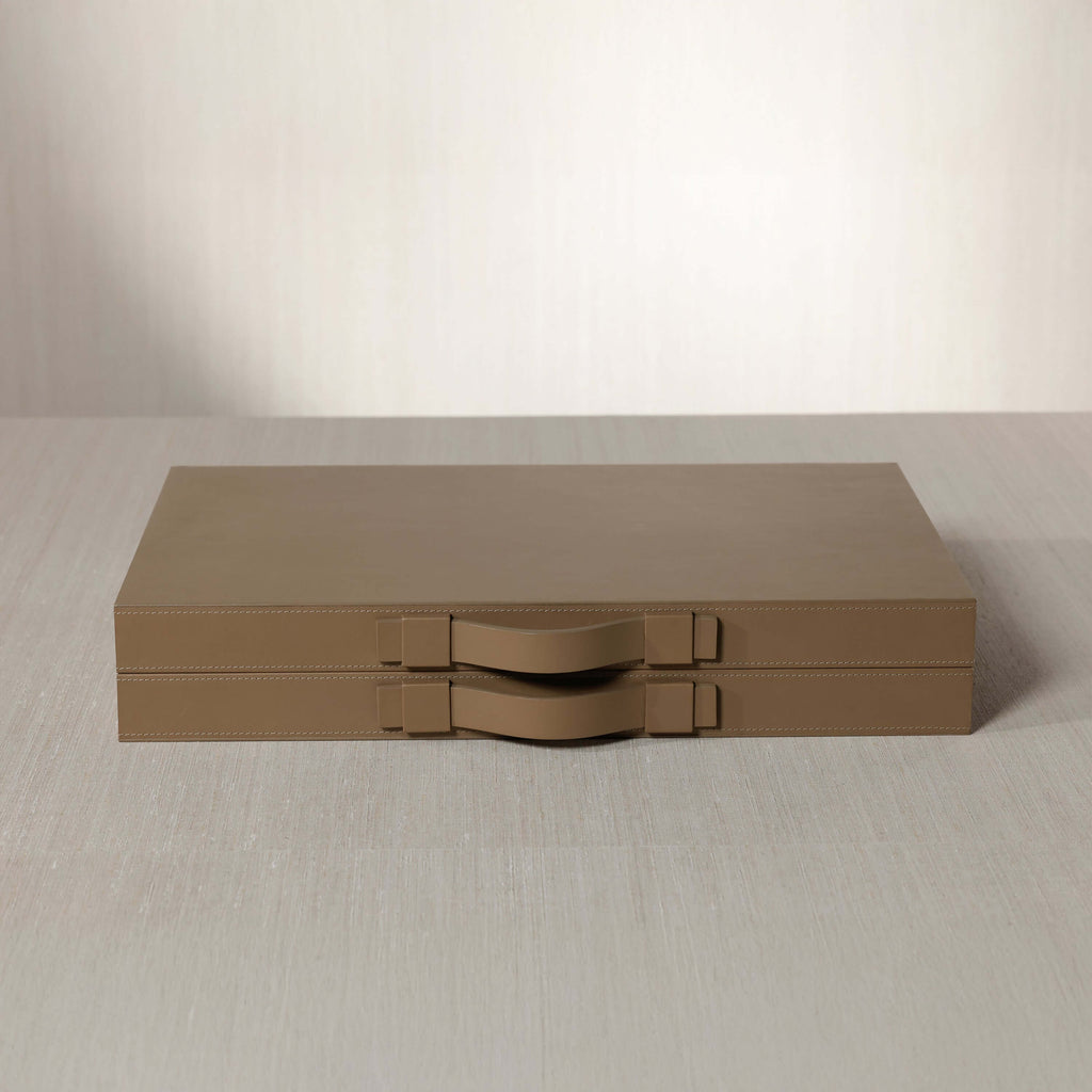 Geneva 19" Backgammon Set - Taupe Leather with smooth camel leather exterior and sturdy handles.