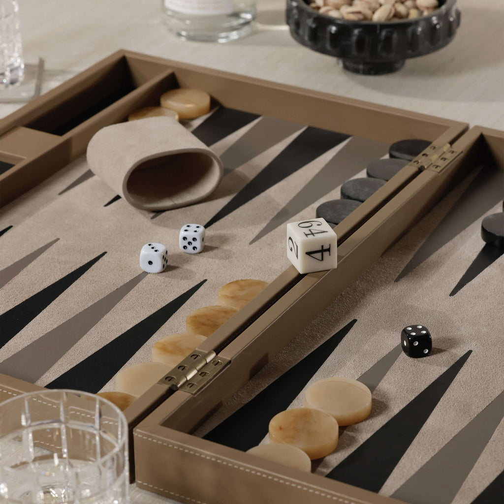 Geneva 19" Backgammon Set - Taupe Leather with dice and game pieces in a stylish arrangement.