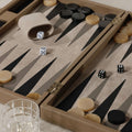Geneva 19" Backgammon Set - Taupe Leather with dice and playing pieces on a stylish suede board.