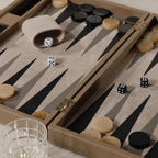 Geneva 19" Backgammon Set - Taupe Leather with dice and playing pieces on a stylish suede board.