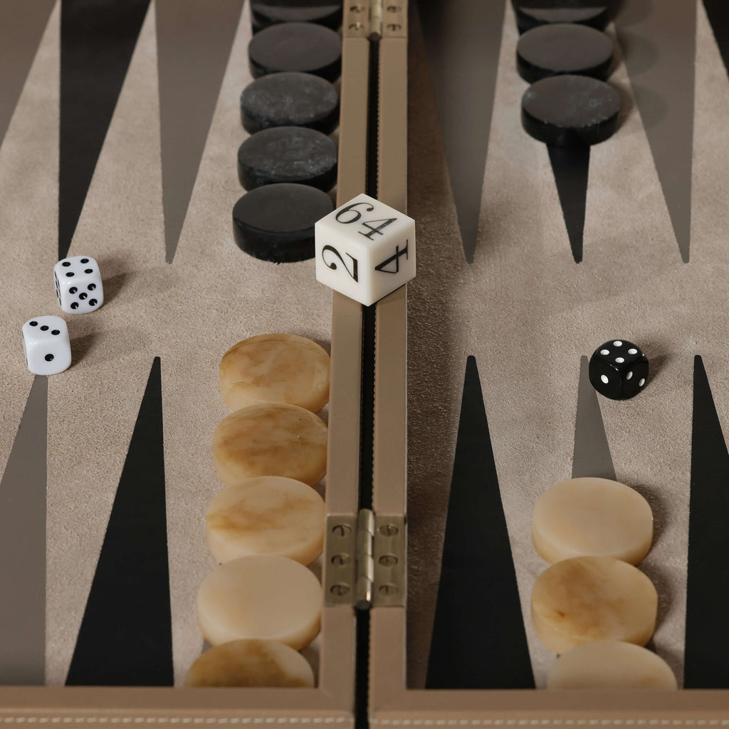 Geneva 19" Backgammon Set - Taupe Leather with game pieces and dice arranged on the board.
