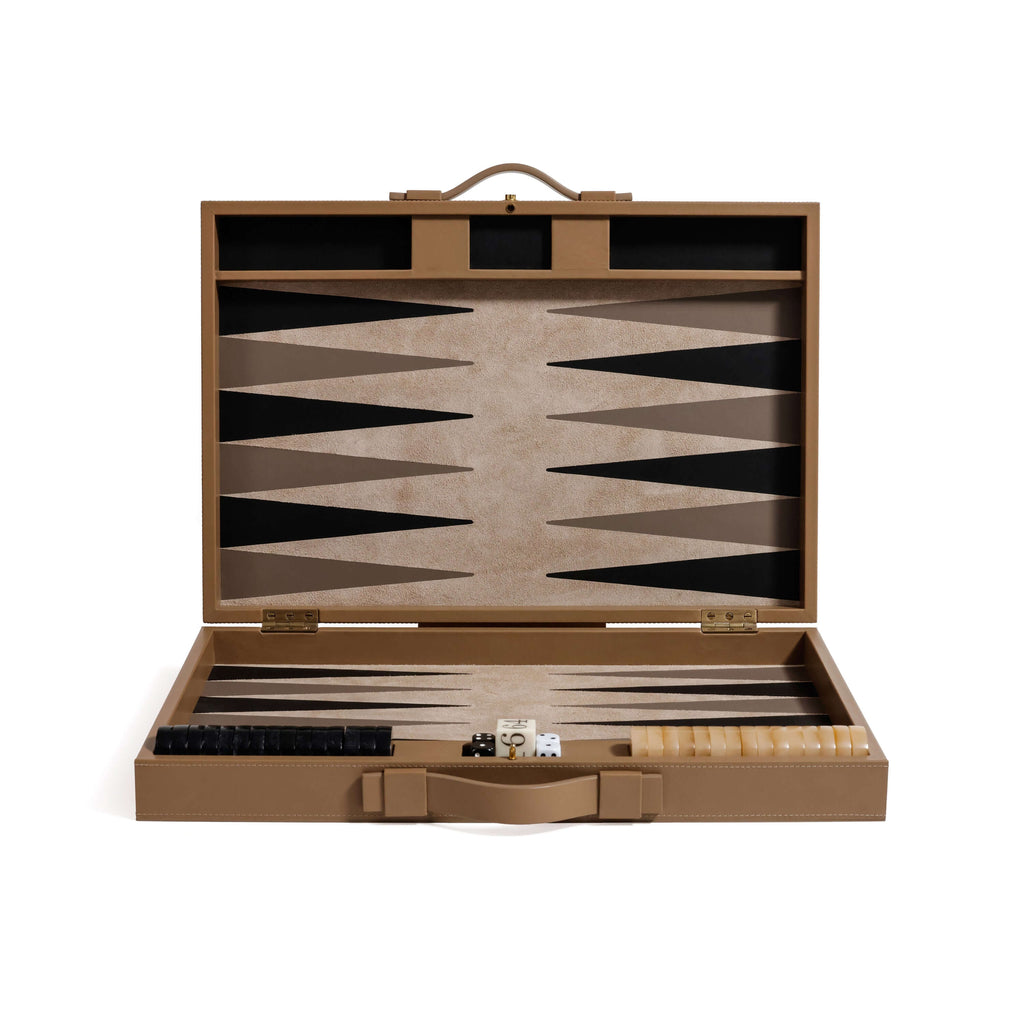 Geneva 19" Backgammon Set - Taupe Leather open showing smooth interior and game pieces.