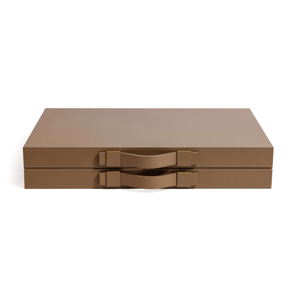 Geneva 19" Backgammon Set - Taupe Leather exterior in smooth camel leather with top carry handle and brass clasp.