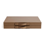 Geneva 19" Backgammon Set - Taupe Leather exterior in smooth camel leather with top carry handle and brass clasp.
