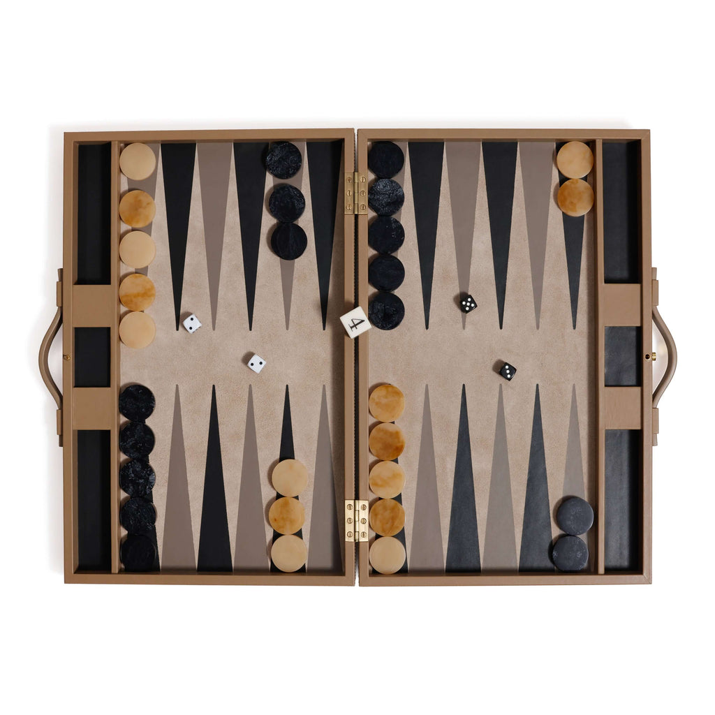 Geneva 19" Backgammon Set - Taupe Leather with smooth leather exterior and game pieces arranged on the board.