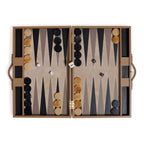 Geneva 19" Backgammon Set - Taupe Leather with smooth leather exterior and game pieces arranged on the board.