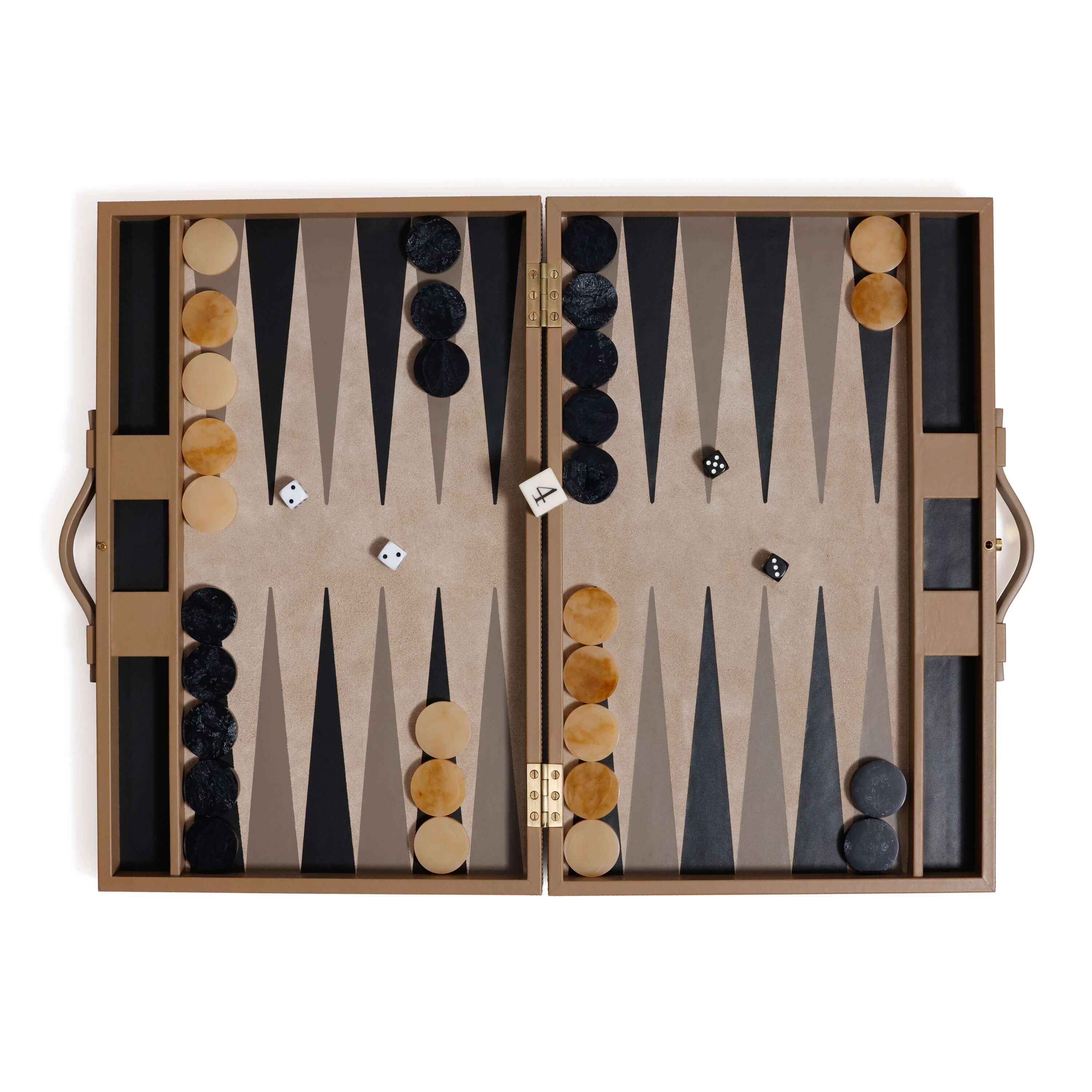 Geneva 19" Backgammon Set - Taupe Leather with smooth leather exterior and game pieces arranged on the board.