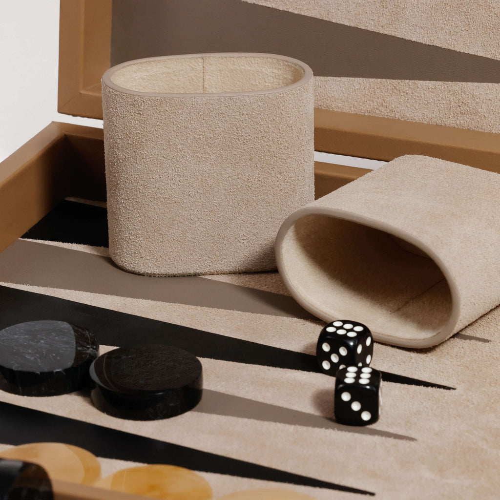 Geneva 19" Backgammon Set - Taupe Leather contents including dice and smooth playing pieces.