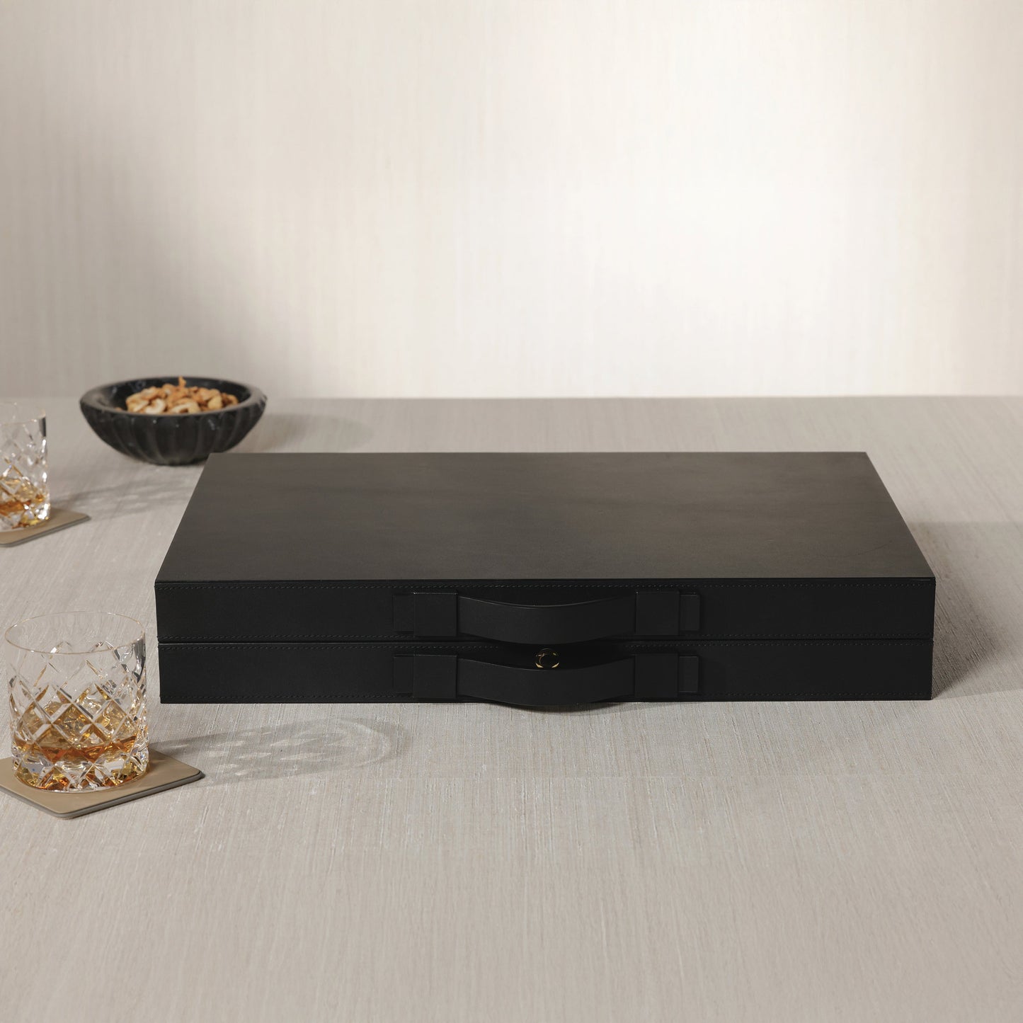 Geneva 19" Backgammon Set - Midnight Black Leather