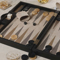 Geneva 19" Backgammon Set - Midnight Black Leather, featuring elegant game components on suede surface.