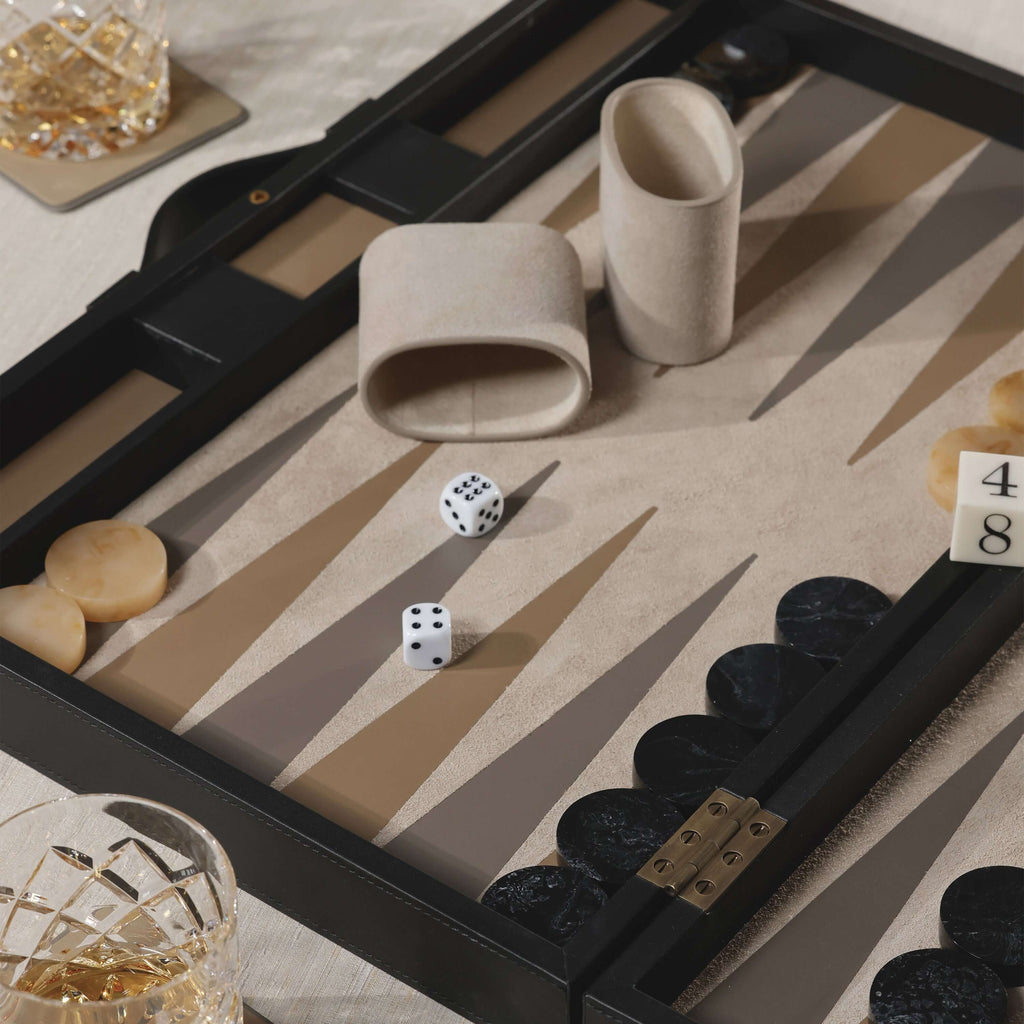 Geneva 19" Backgammon Set - Midnight Black Leather with dice and game pieces on a luxurious game board.