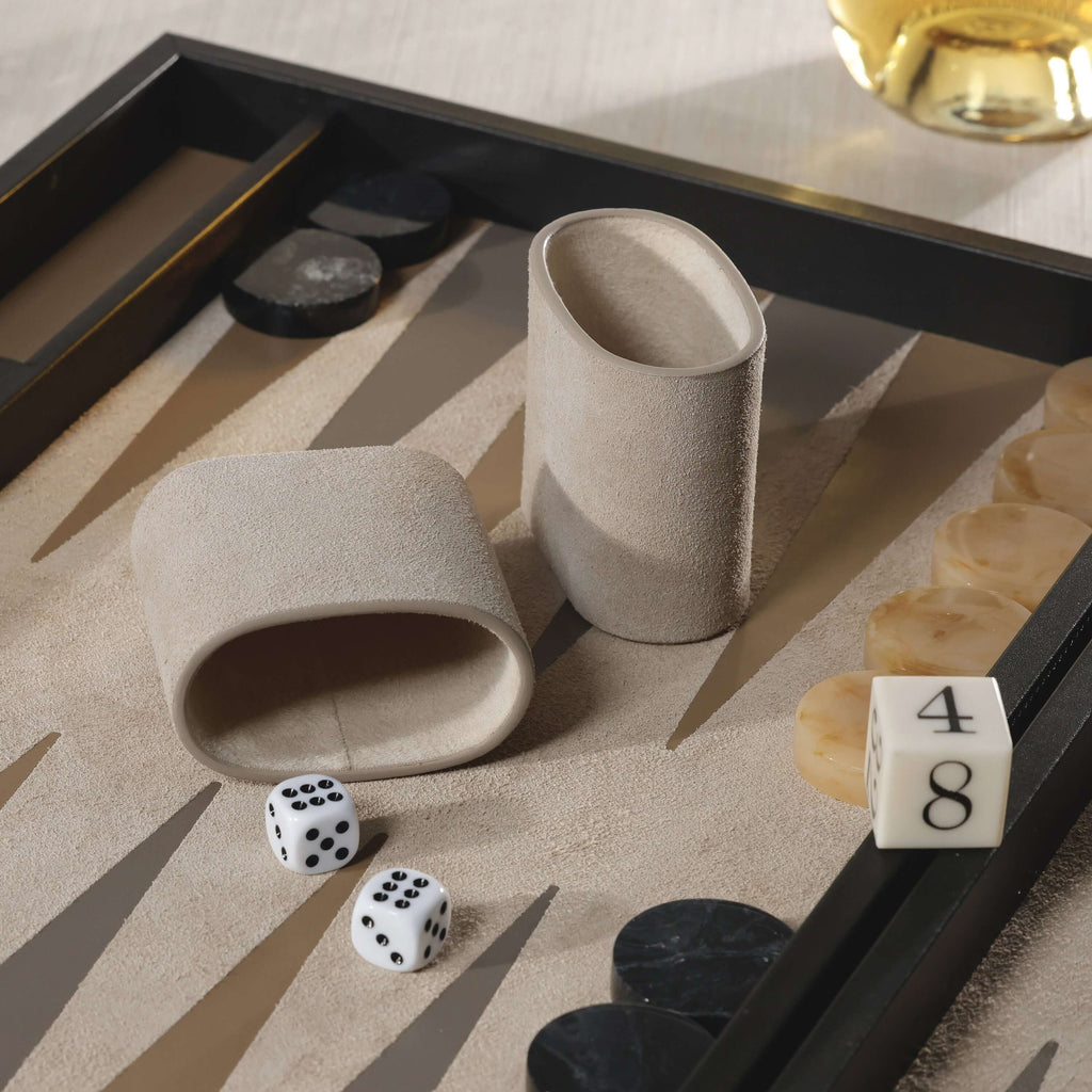 Geneva 19" Backgammon Set - Midnight Black Leather with suede dice cups and game pieces.