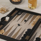 Geneva 19" Backgammon Set - Midnight Black Leather displayed on a table with dice and game pieces.