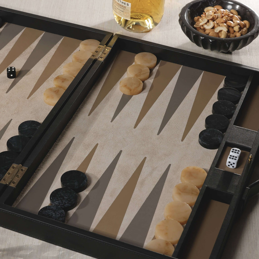 Geneva 19" Backgammon Set - Midnight Black Leather laid out with light and dark chips and dice.
