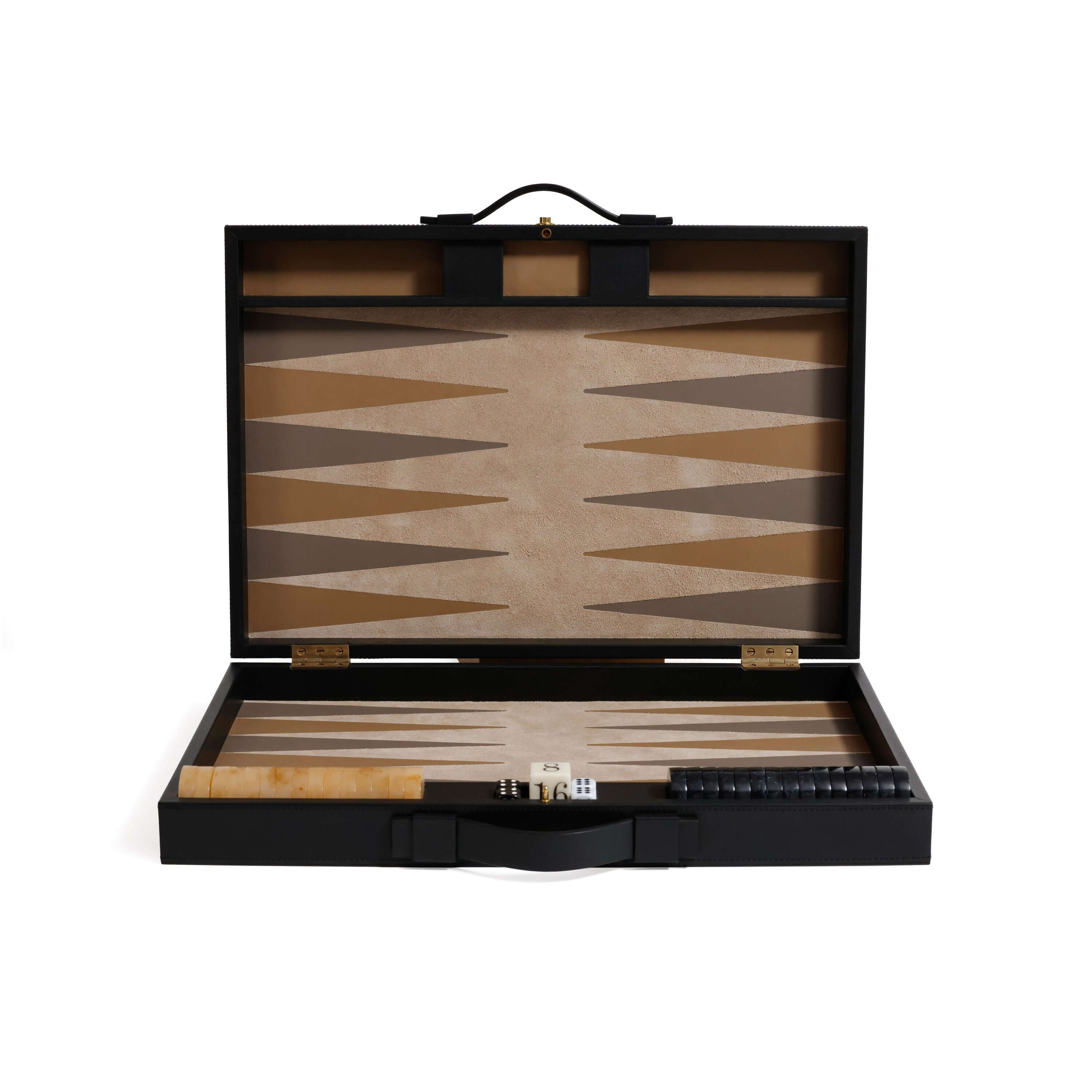 Geneva 19" Backgammon Set - Midnight Black Leather open with interior design and game pieces.
