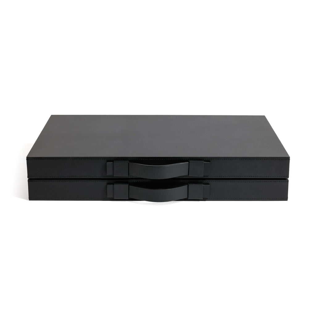 Geneva 19" Backgammon Set - Midnight Black Leather with sleek matte black leather exterior and elegant handles.