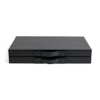 Geneva 19" Backgammon Set - Midnight Black Leather with sleek matte black leather exterior and elegant handles.