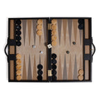 Geneva 19" Backgammon Set - Midnight Black Leather showcasing the elegant playing surface and game pieces.