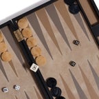 Geneva 19" Backgammon Set - Midnight Black Leather game board with dice and checkers.