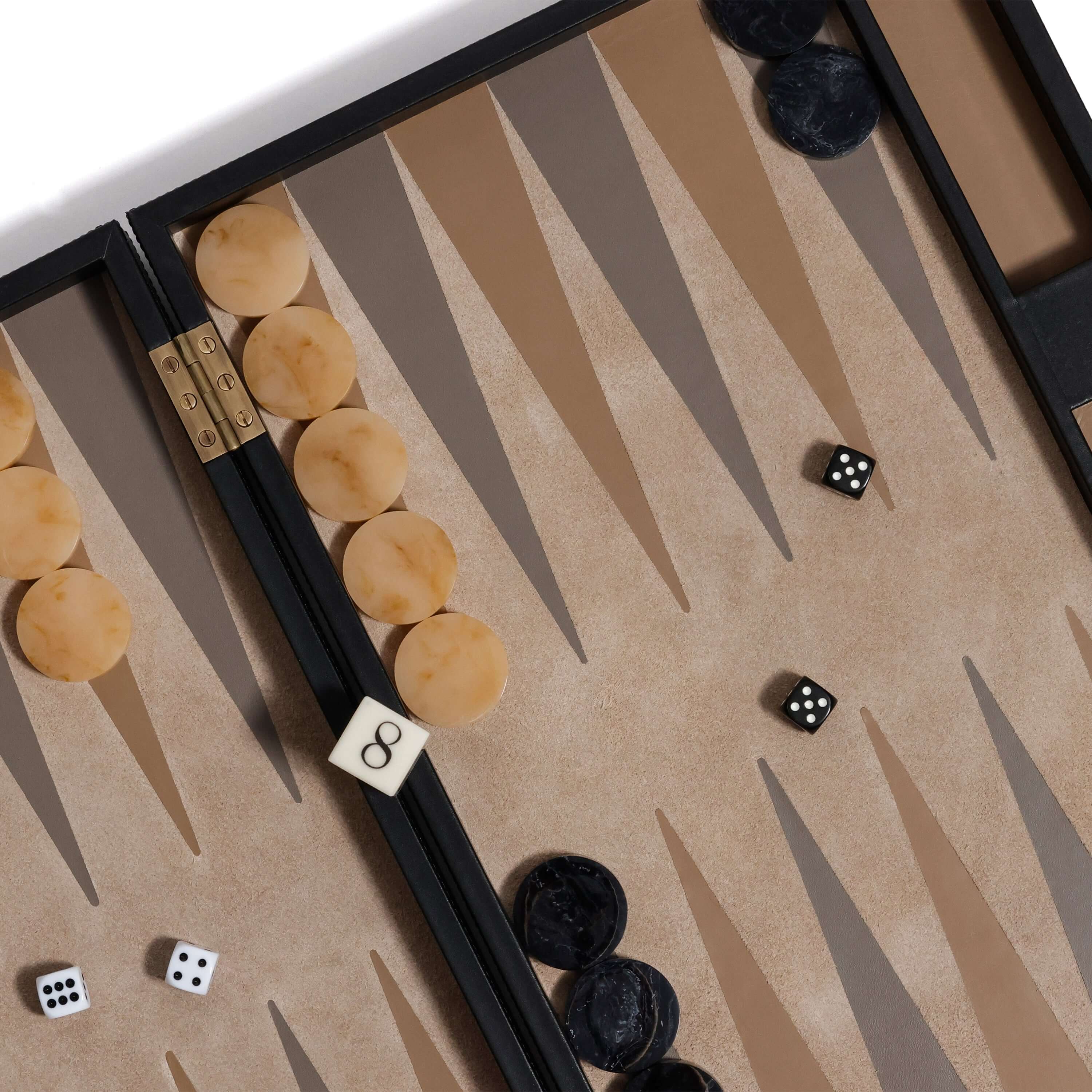 Geneva 19" Backgammon Set - Midnight Black Leather game board with dice and checkers.