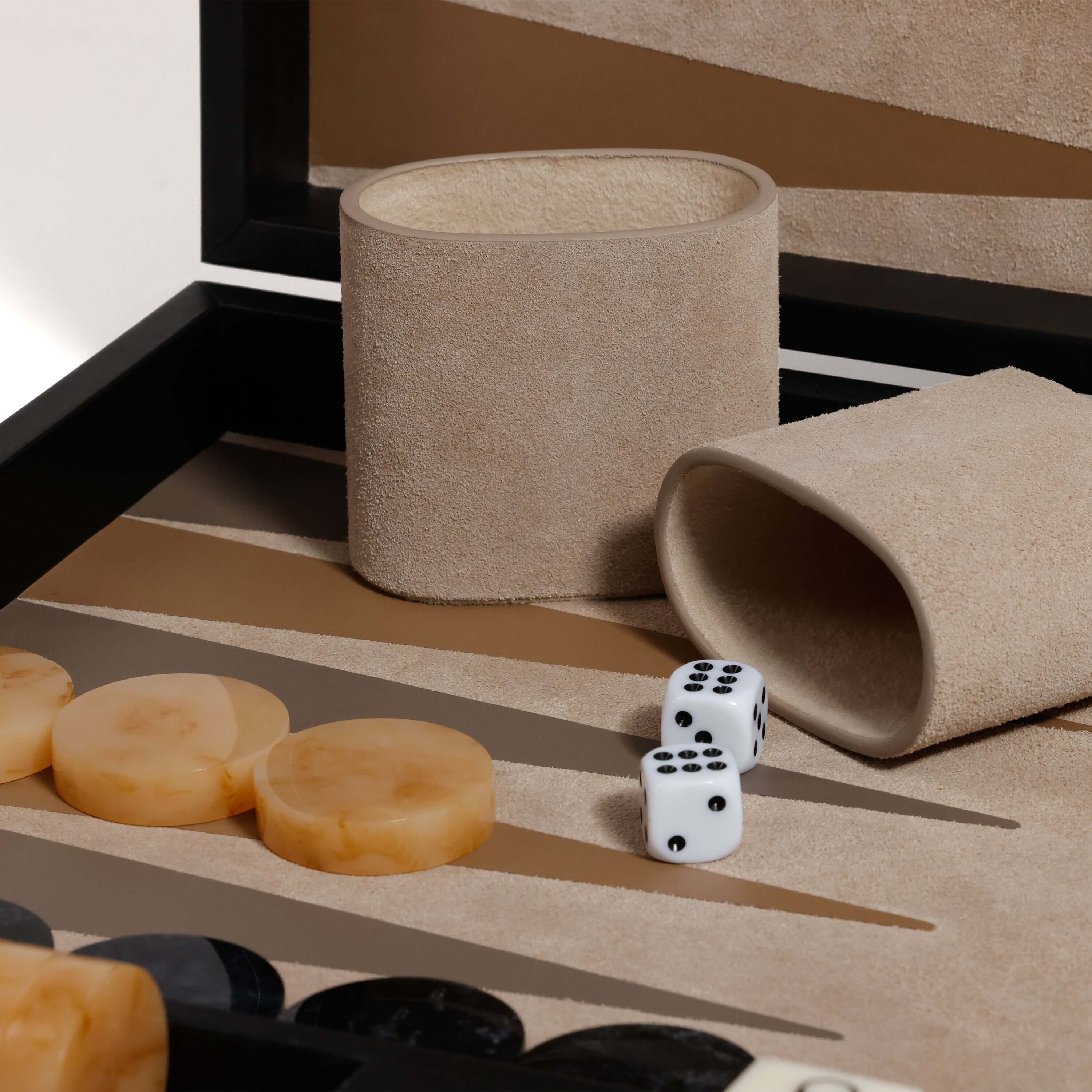 Geneva 19" Backgammon Set - Midnight Black Leather game components including dice and checkers.