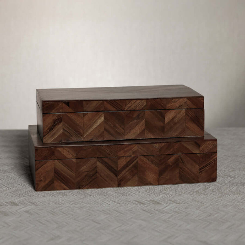 Chevron Wood Box featuring a herringbone pattern in walnut-toned wood, with a sleek design and warm interior.