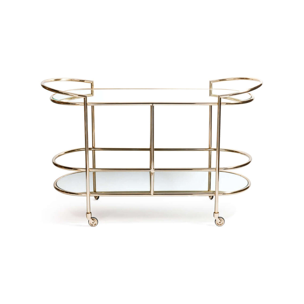 Stylish Lido Console Bar Cart featuring a champagne brass frame and glass shelves, perfect for entertaining.