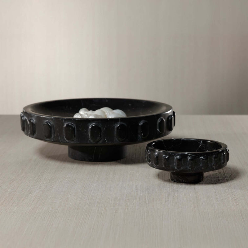 Black Marquina Marbella Bowl showcasing elegant silver veining and carved medallion details.