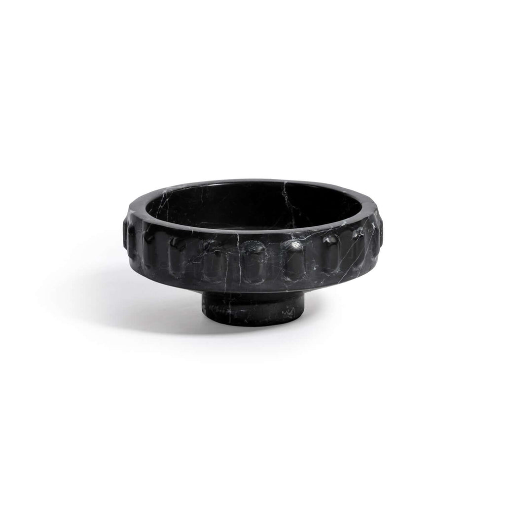 Black Marquina Marbella Bowl featuring carved oval medallions and silver veining, small size, bold architectural design.