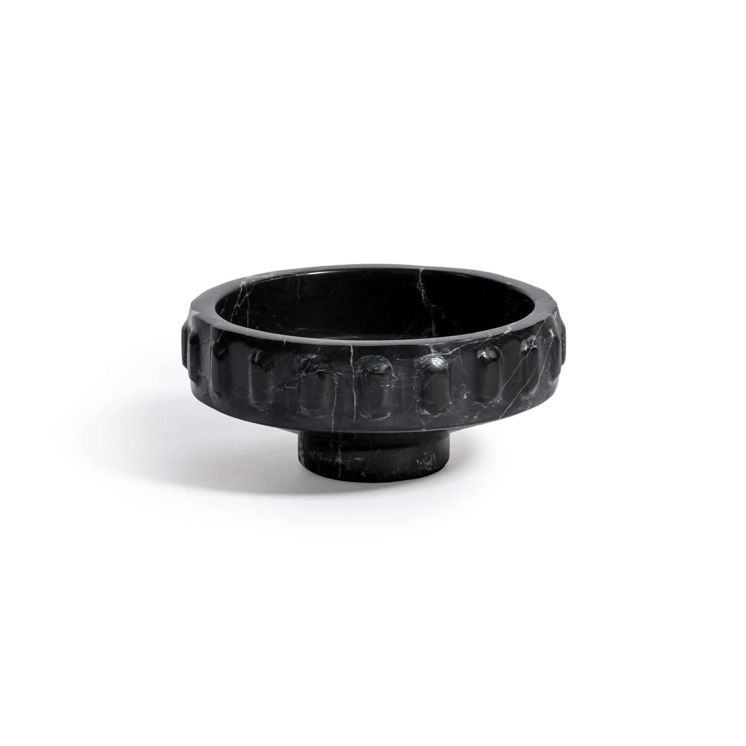 Black Marquina Marbella Bowl featuring carved oval medallions and silver veining, small size, bold architectural design.